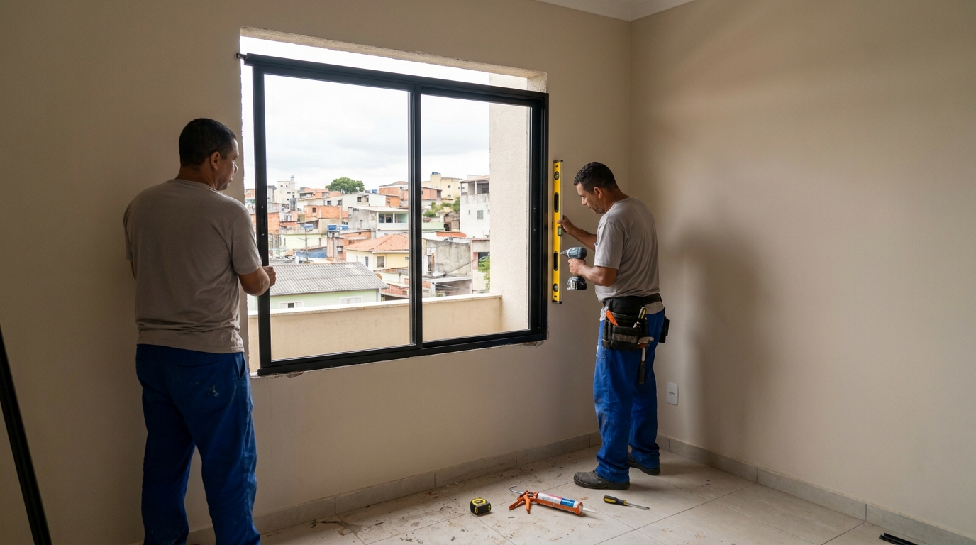 Esquadria de alumínio em quarto bege em Vitória-ES