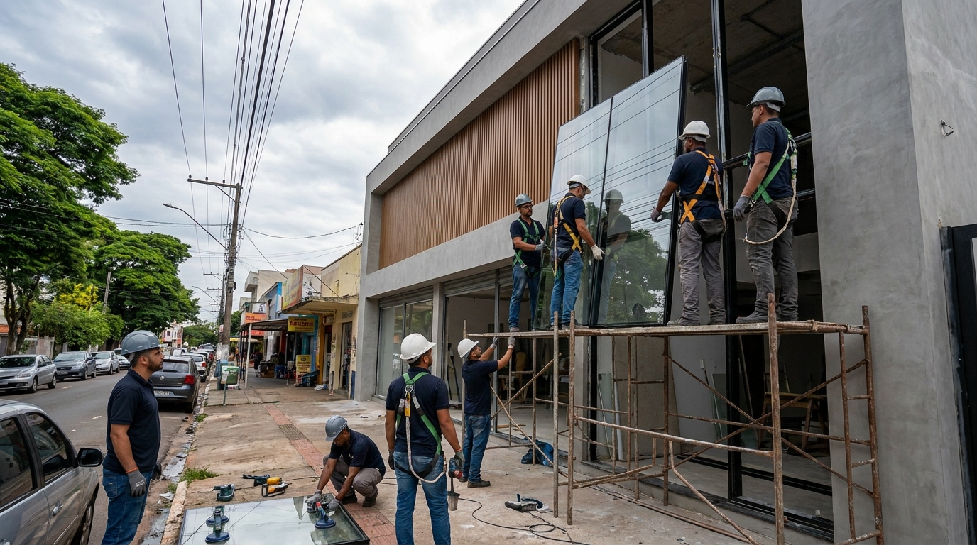 Fachada de vidro com andaime lateral em Vitória-ES