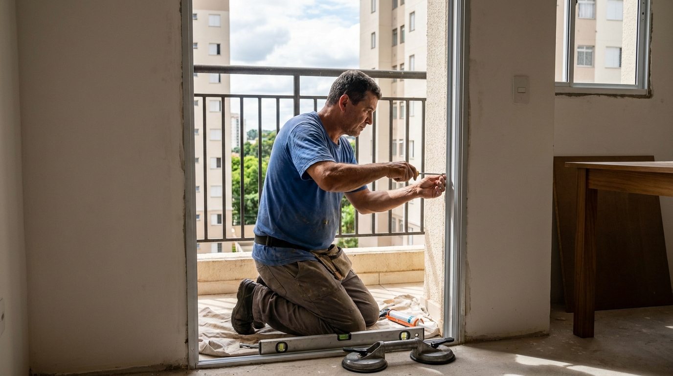 Janela de vidro em apartamento alto em Vitória-ES