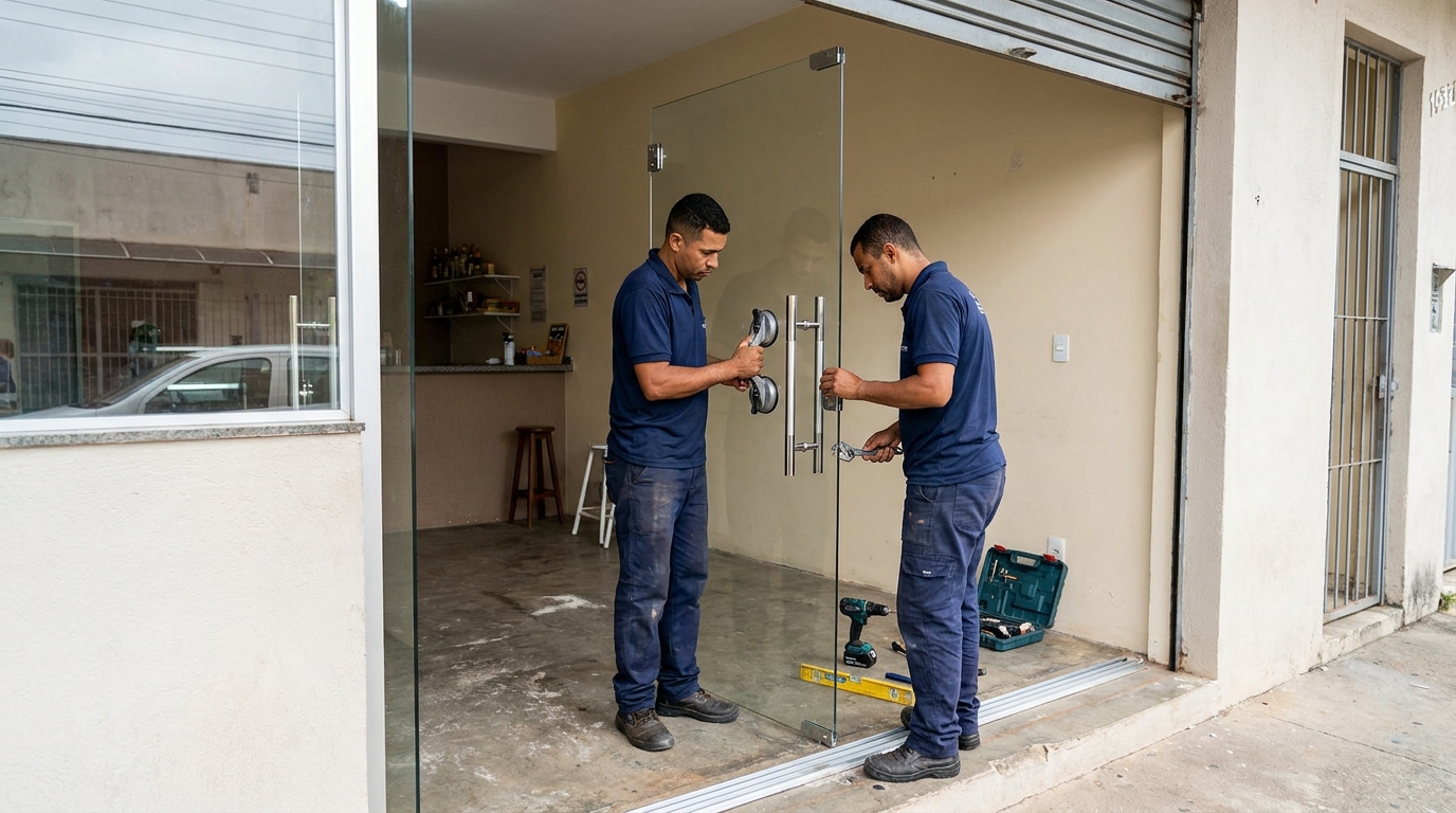 Dupla instalando porta de vidro em loja em Vitória-ES